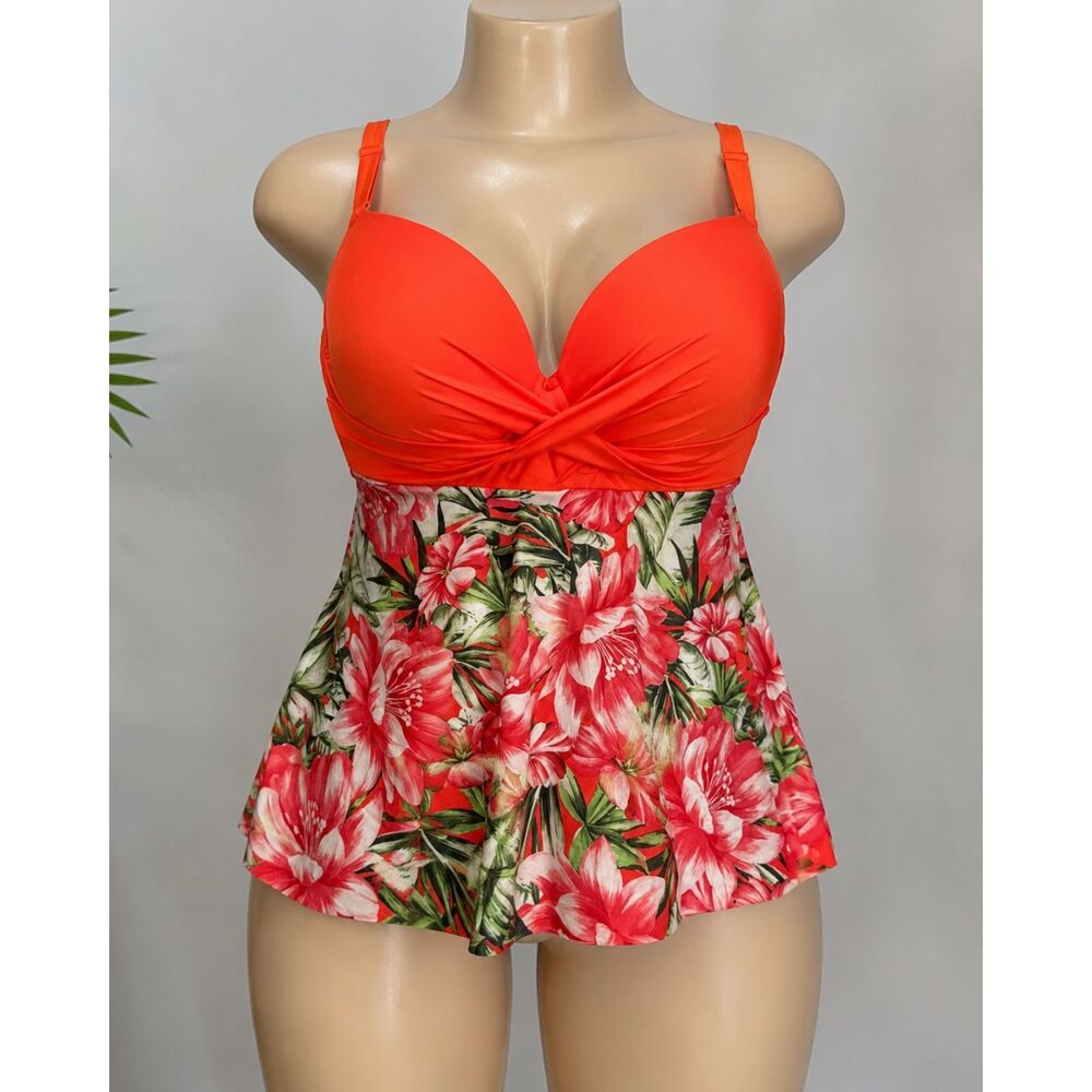 Orange molded cup wire free tropical Tankini Swim Top Plus Size 4X